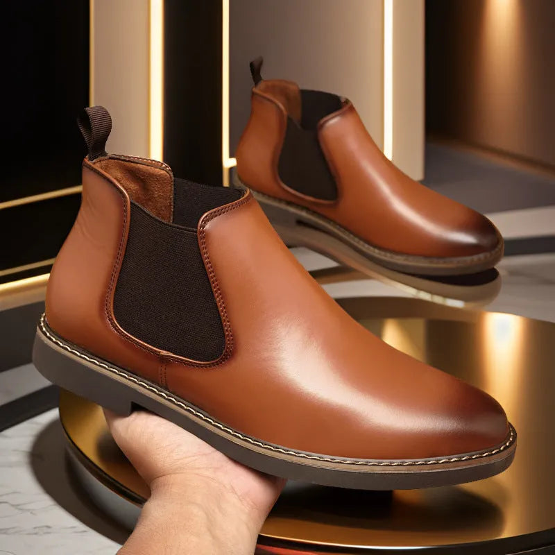 Men's black mid-calf boots with a square heel and artificial PU leather upper.
