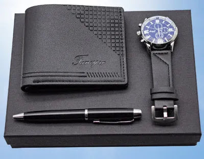 Brown and black wallet pen watch gift sets with modern simple style gift box packaging