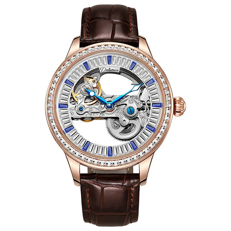 Men's zircon mechanical watch with transparent case back showing movement