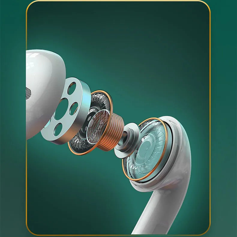 White wireless Bluetooth earbuds with a semi-in-ear design and their matching charging case on a table.