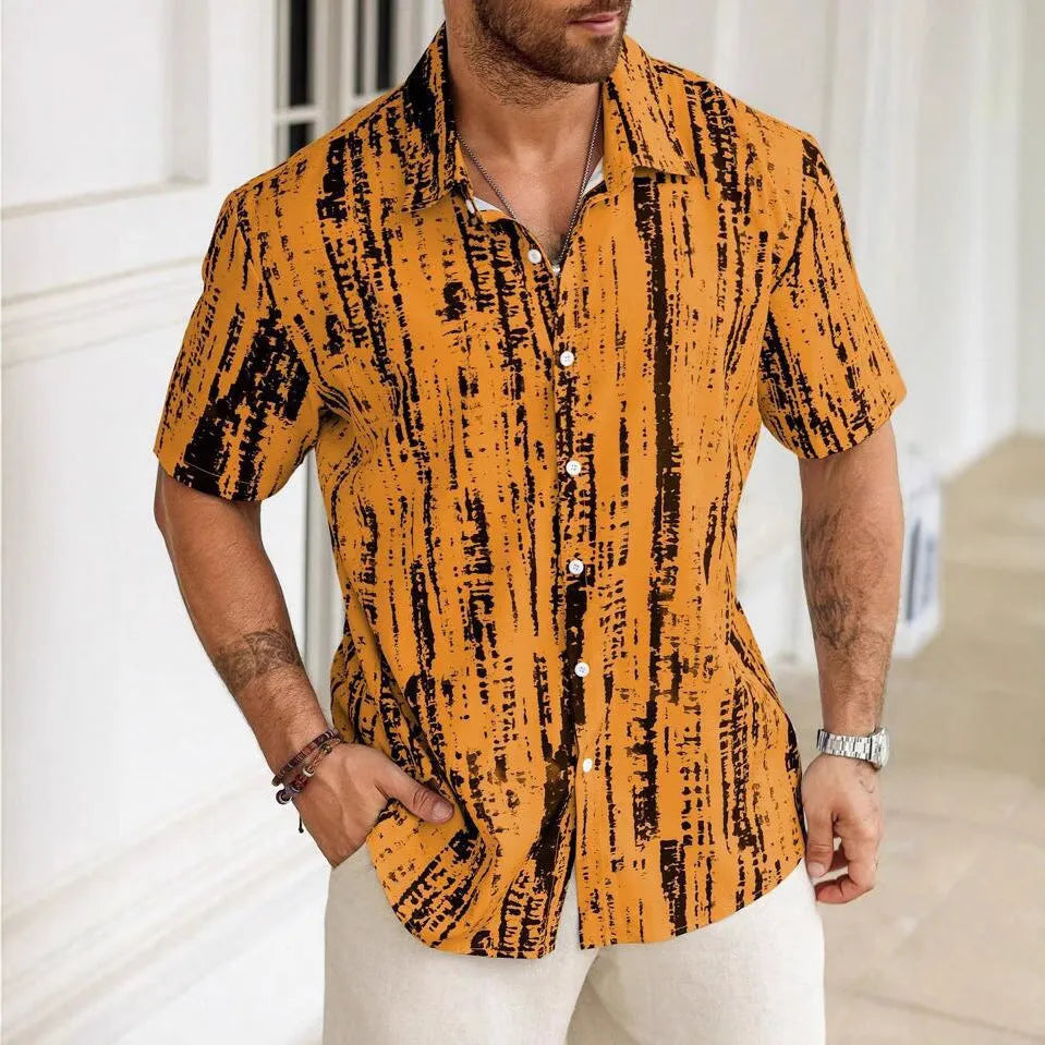 Man wearing a casual striped short sleeve shirt in lightweight anti-wrinkle polyester for summer.
