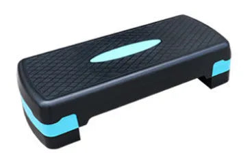 Aerobic fitness step pedal in PP material, 68 x 28 x 15cm, shown in Black and Blue or Grey.