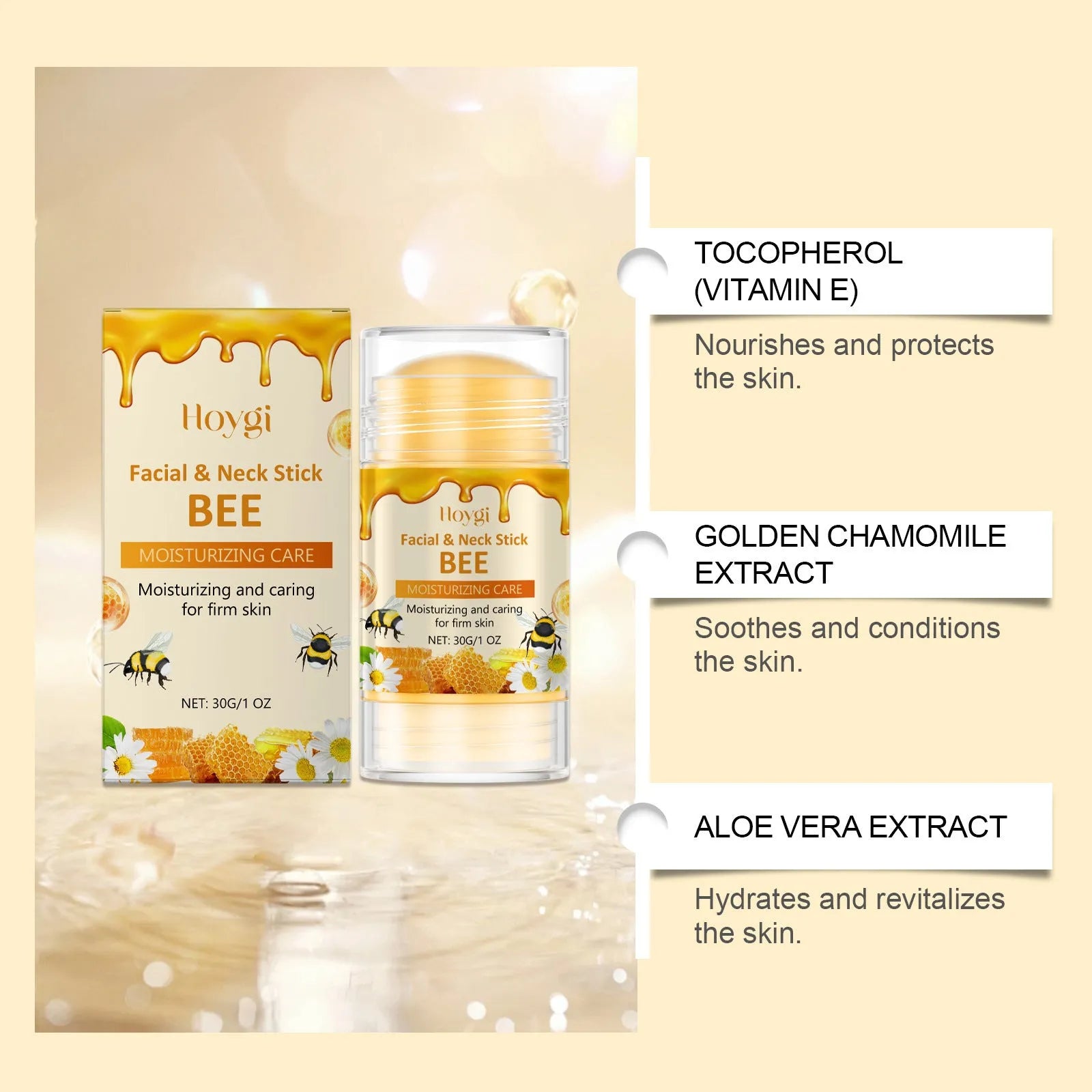 30g moisturising facial essence stick with twist-up applicator containing vitamin E and natural extracts