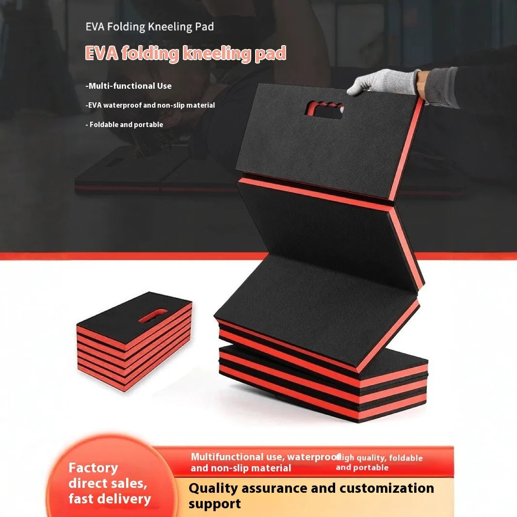 Grey EVA foam folding kneeling mat for car repairs, shown unfolded on a garage floor.