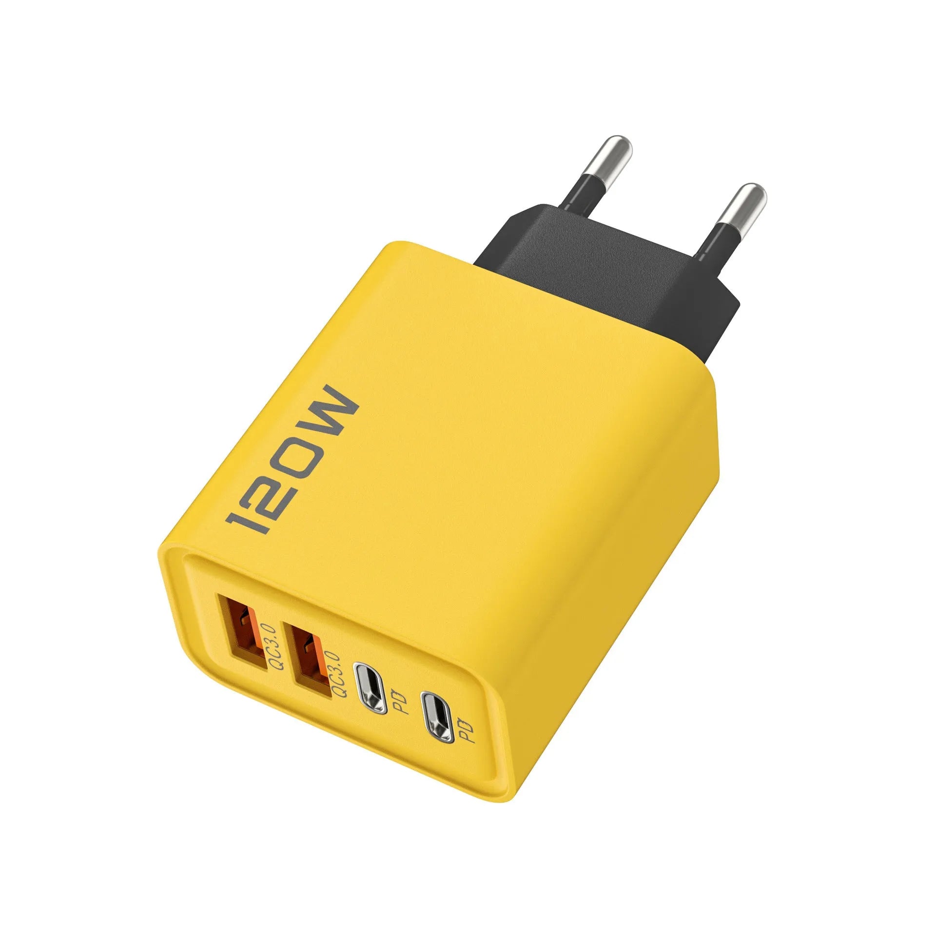 120W dual PD dual USB wall charger in Black, White, and Yellow with UK and EU plug options