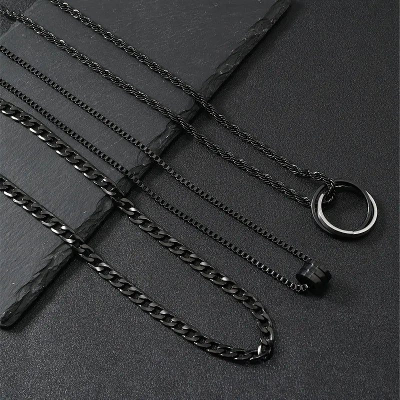 Men's black geometric necklace set with cylindrical titanium steel pendant and ring buckle details