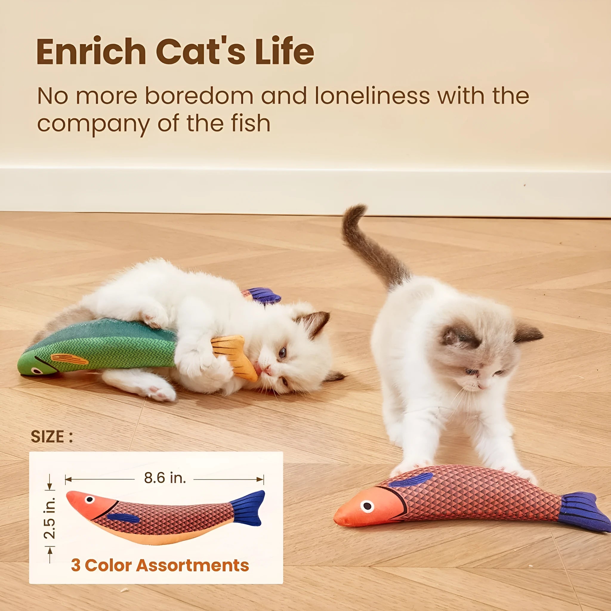 Green, orange and yellow plush catnip fish toys with crinkle sound for indoor cat exercise