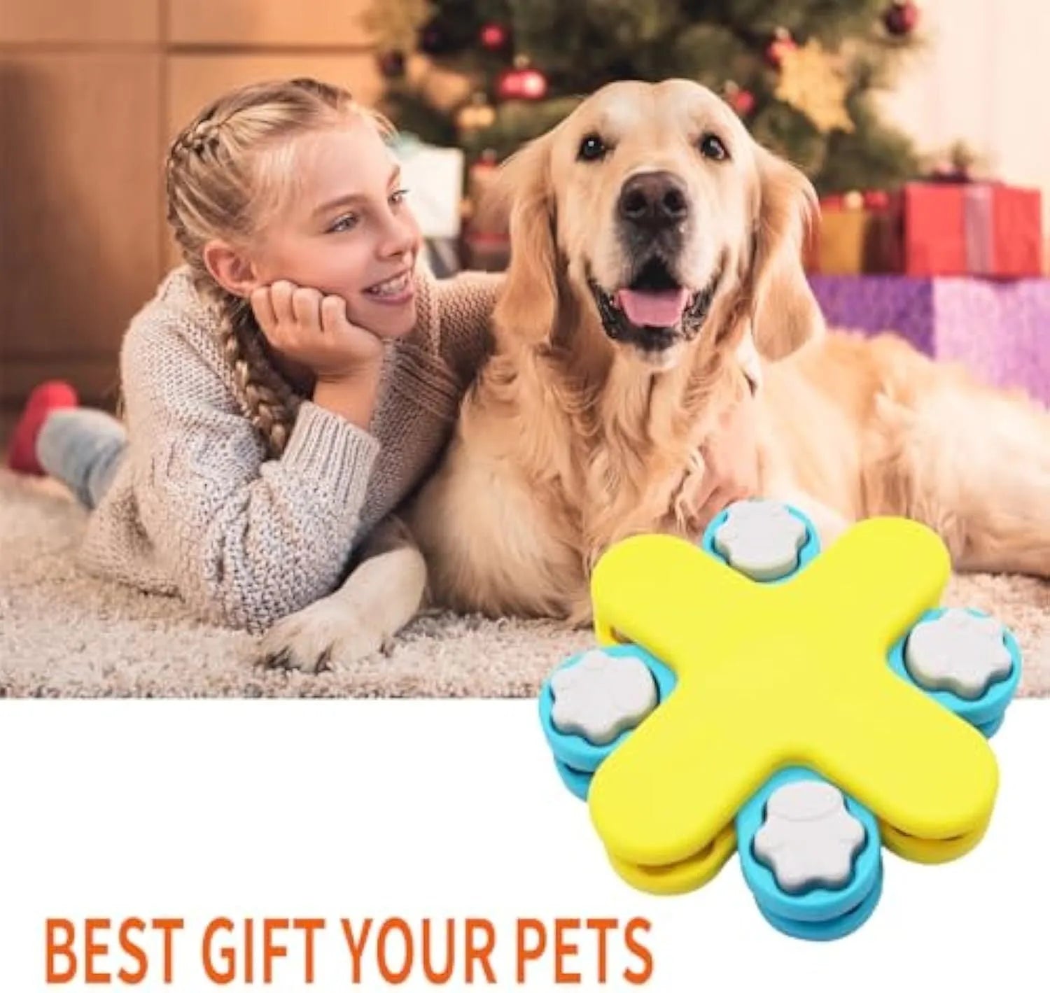 Yellow interactive dog puzzle feeder with three rotating layers and anti-slip base for slow feeding and enrichment.