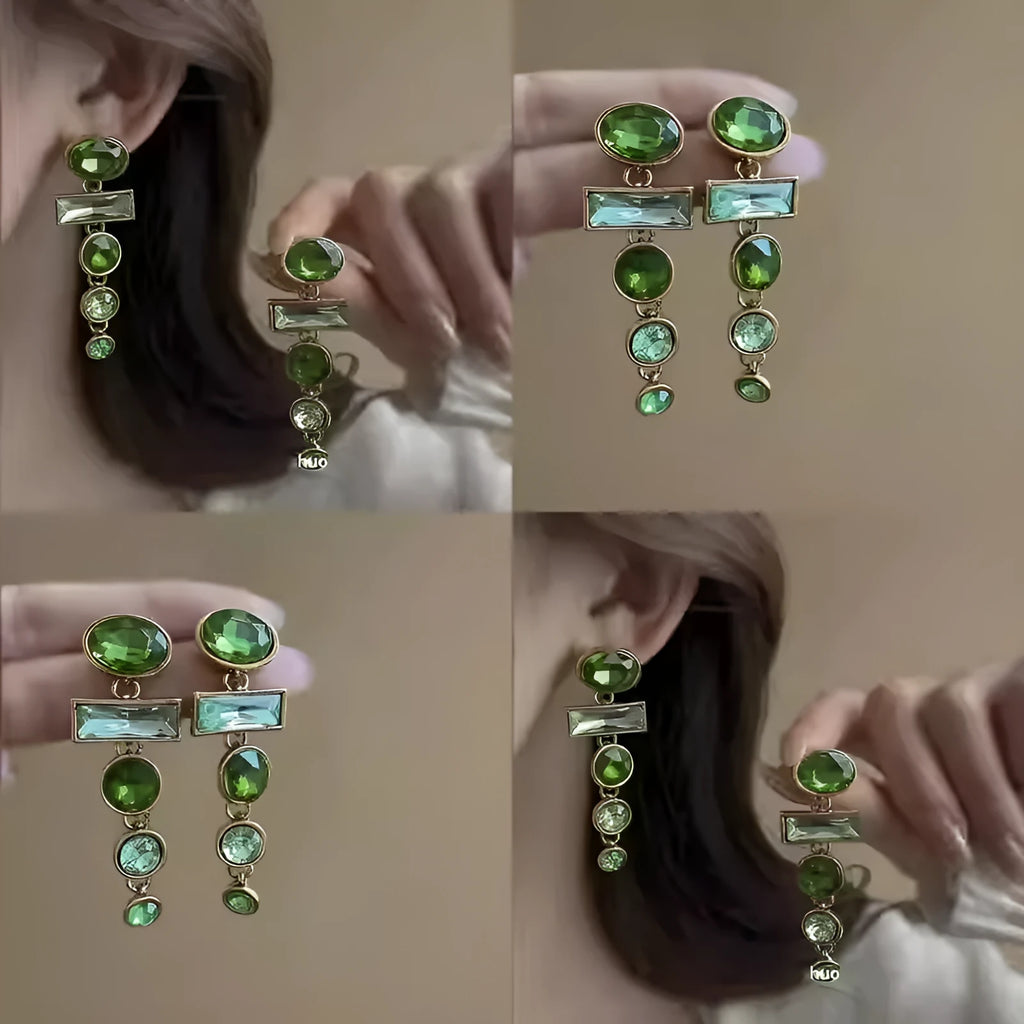 A pair of green gradient geometric earrings with an inlaid zircon stone in a Chinese style.
