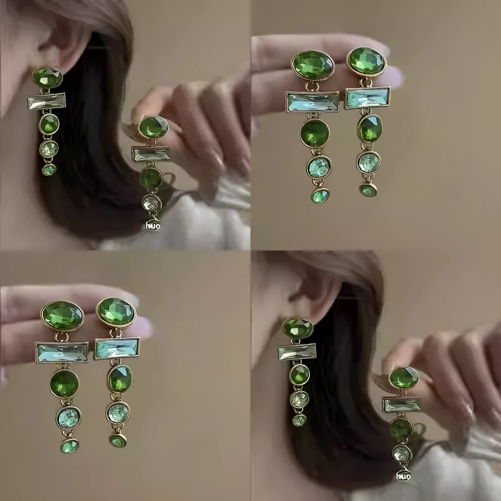 A pair of green gradient geometric earrings with an inlaid zircon stone in a Chinese style.