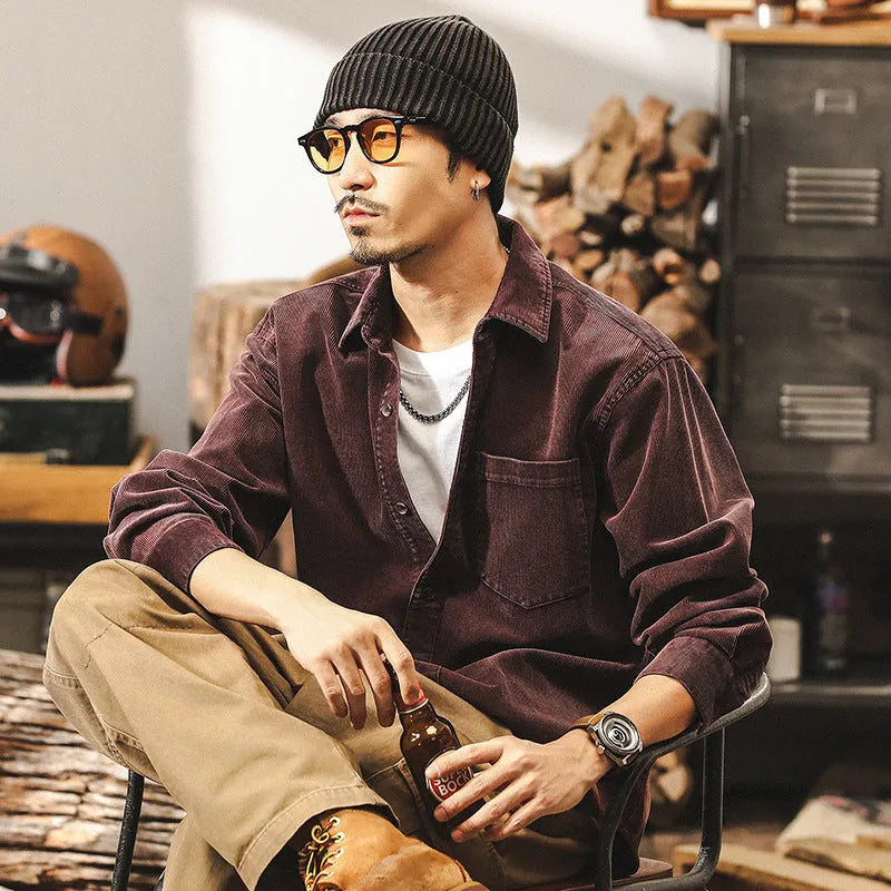 Men's retro corduroy casual jacket in red and black colours, loose fit with long sleeves.