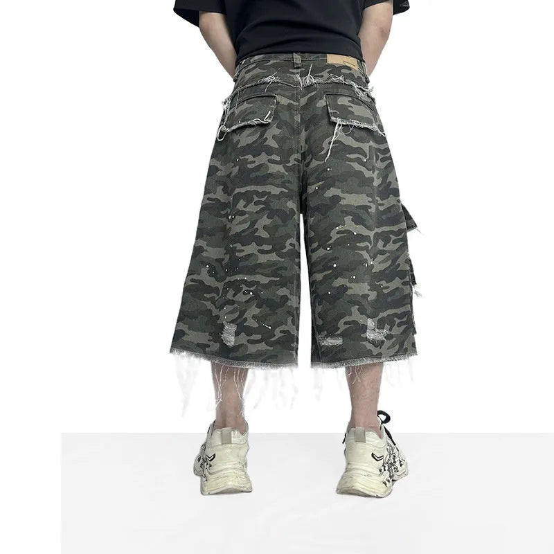 Camouflage wide leg cotton shorts with burrs set detailing for summer casual wear