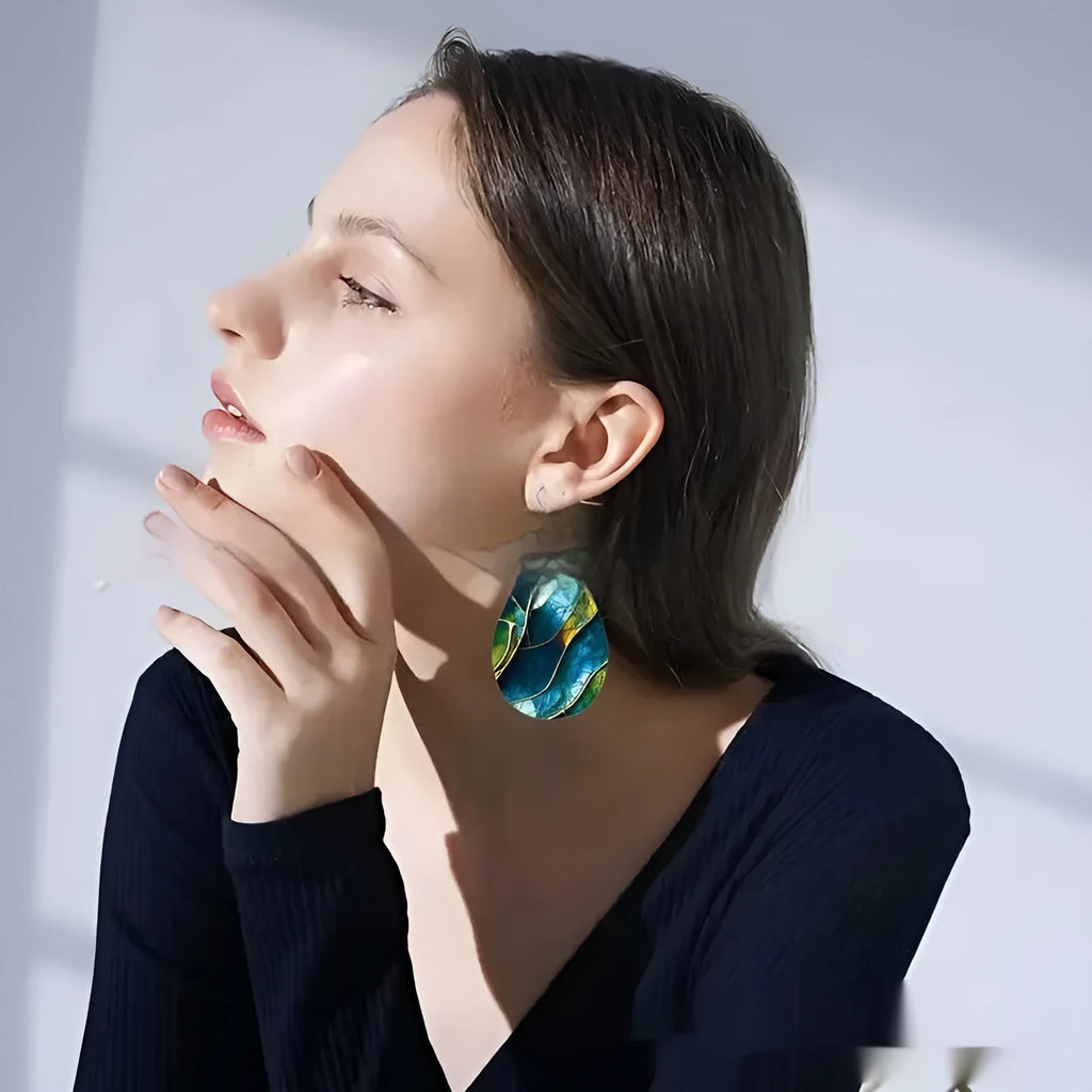 Acrylic flat branch knot drop earrings with printed surface design in Style 1 and Style 2 colour variations
