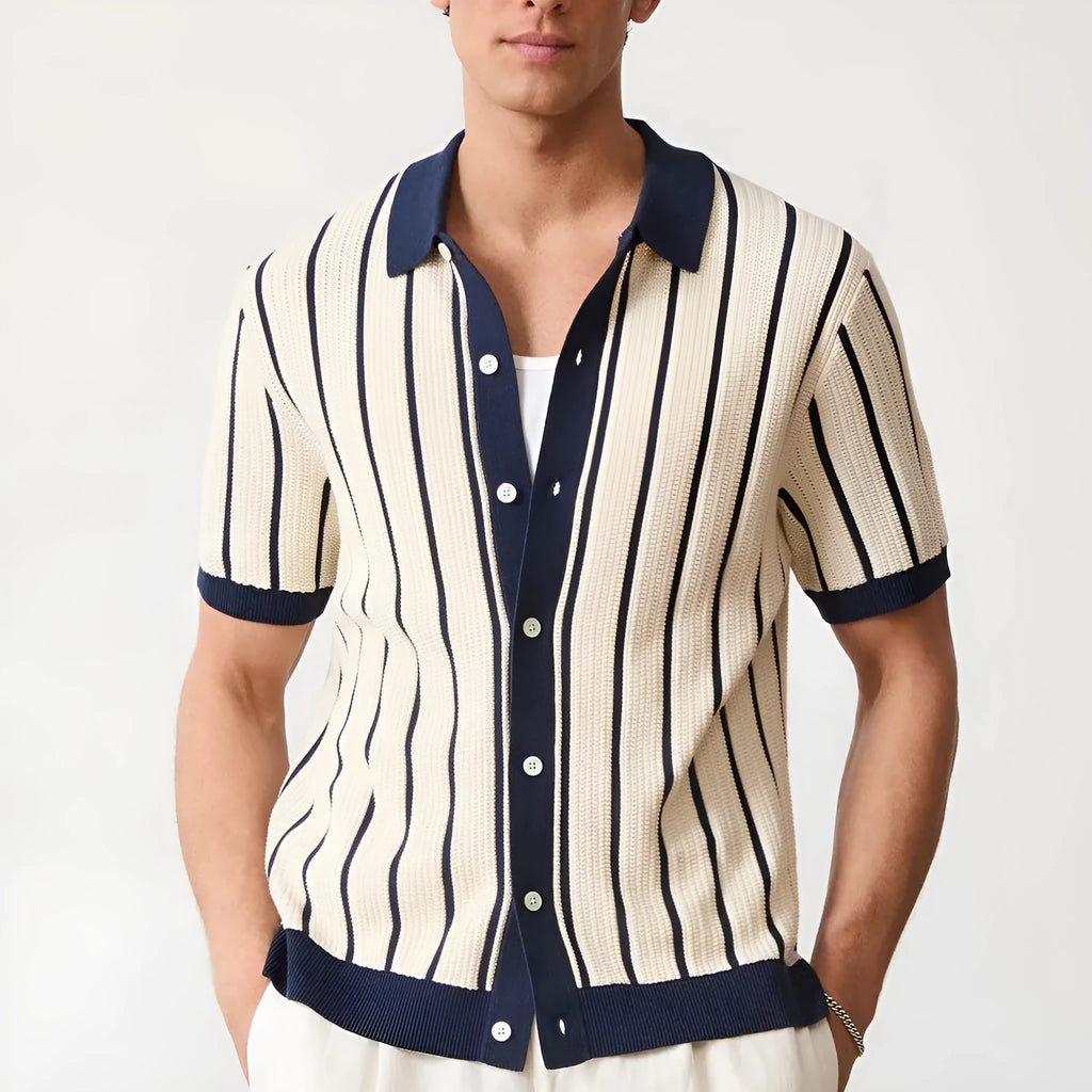 Men's white ice silk knitted top with asymmetric lapel and British style design