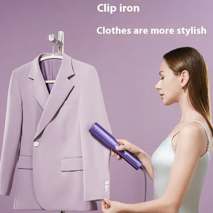 Handheld garment steamer with plastic body showing hanging and flat ironing modes