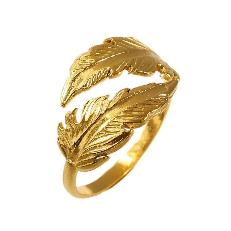 Adjustable titanium steel feather ring with silver electroplated finish on female hand