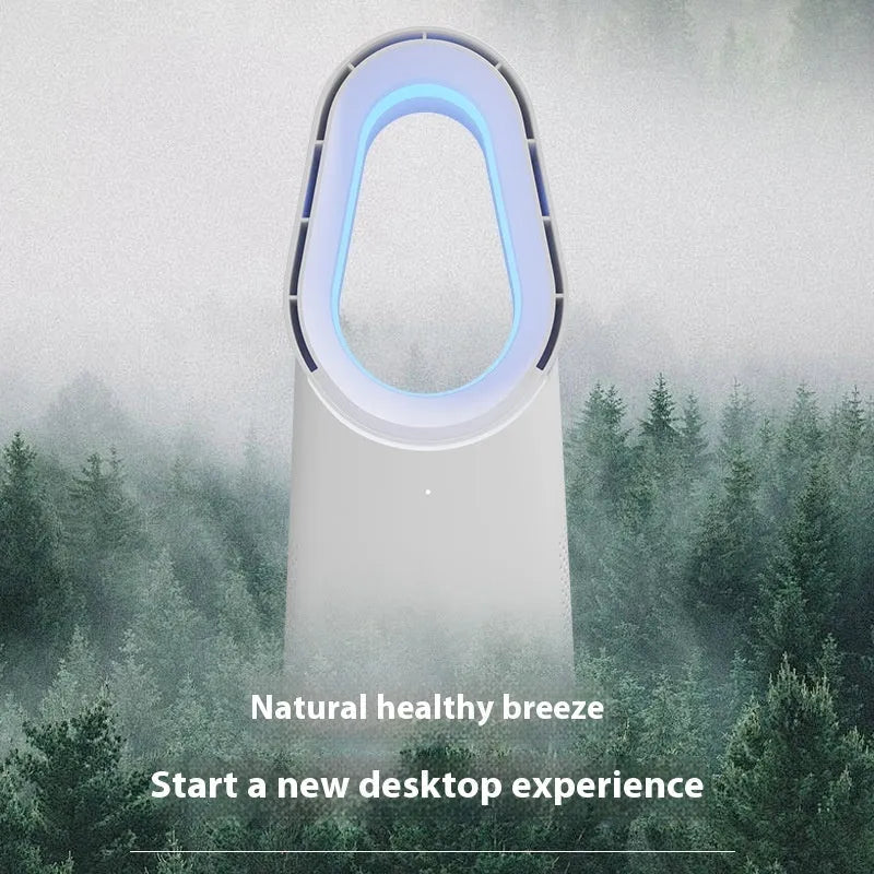 White SK bladeless tower fan with remote control on desktop