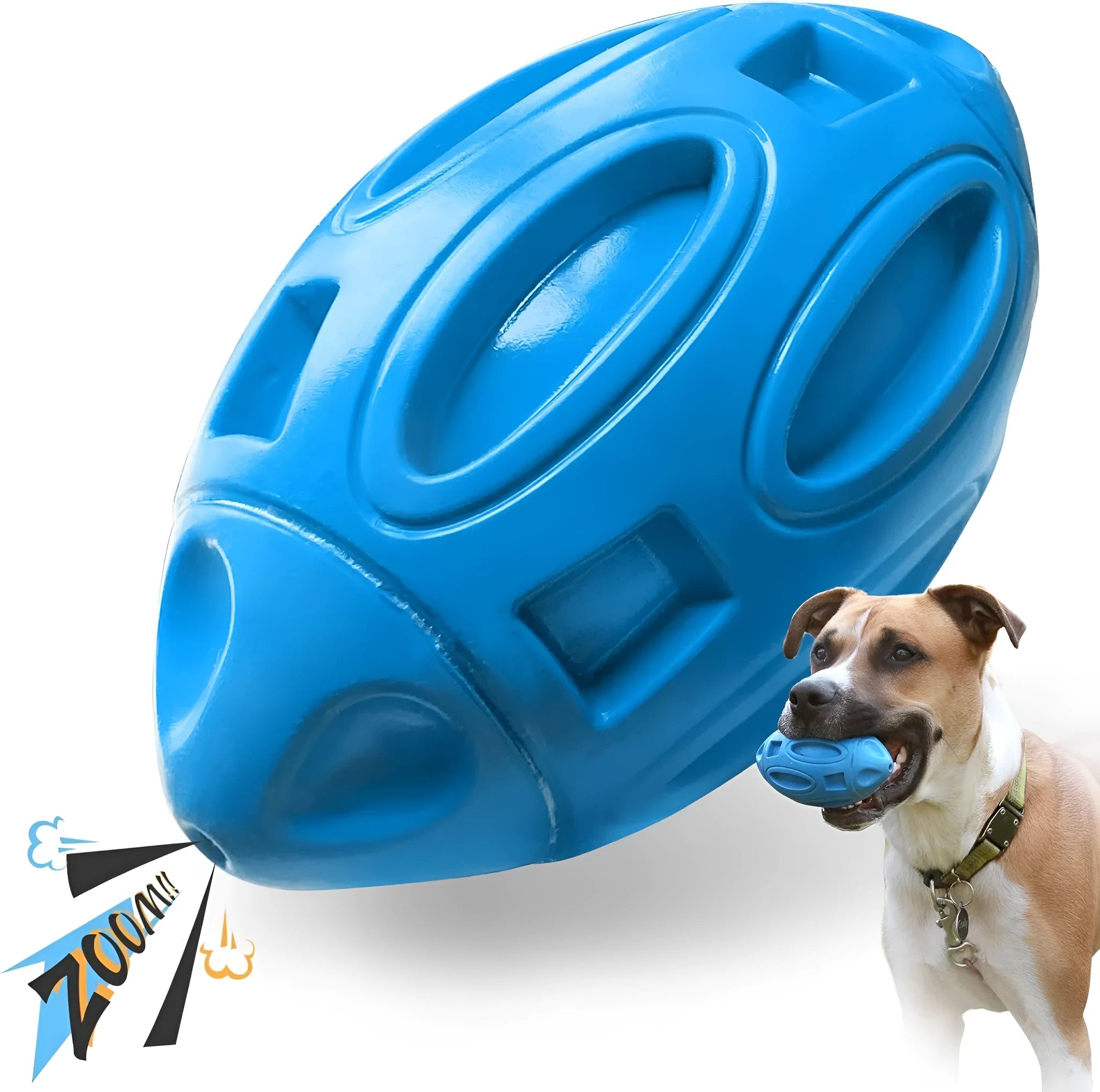 Blue, green, and orange squeaky rubber dog ball with surface grooves for aggressive chewers