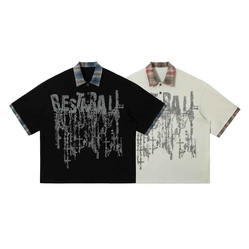 Men's loose asymmetric cotton top with graffiti print in blue or red.