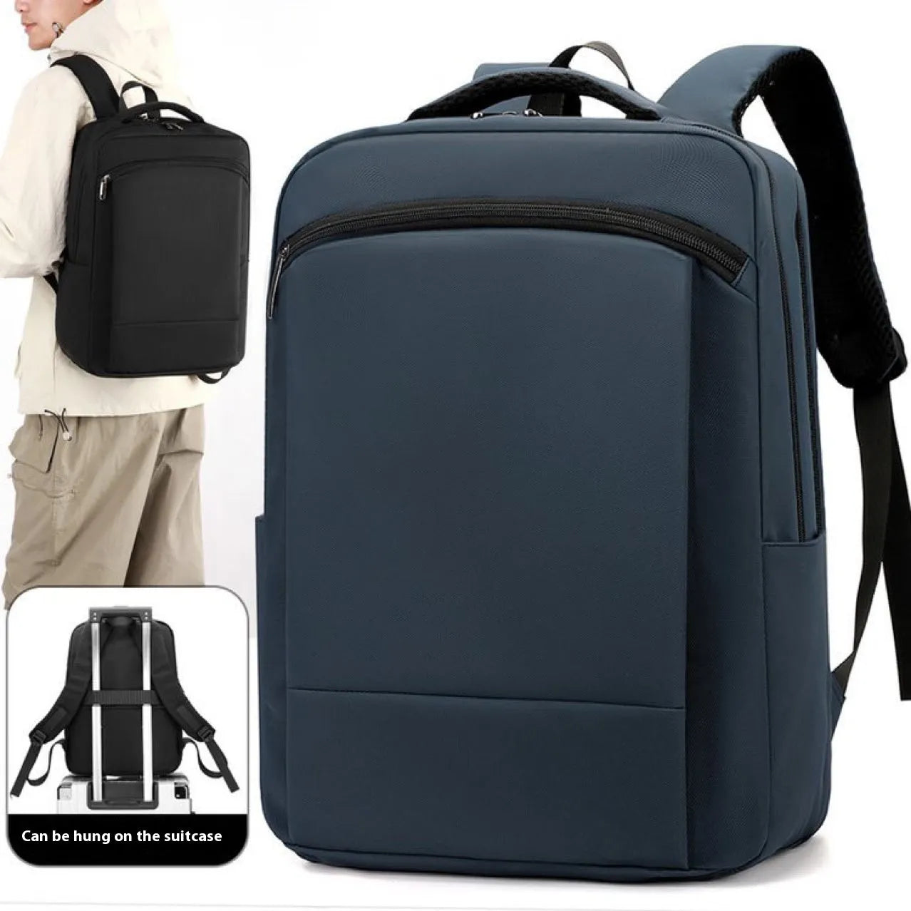 Large capacity waterproof business commute backpack in dark blue with curved shoulder strap