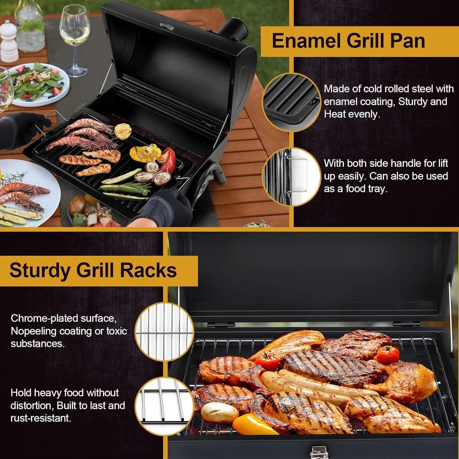 Small black folding metal desktop barbecue with a grill, set up for use.