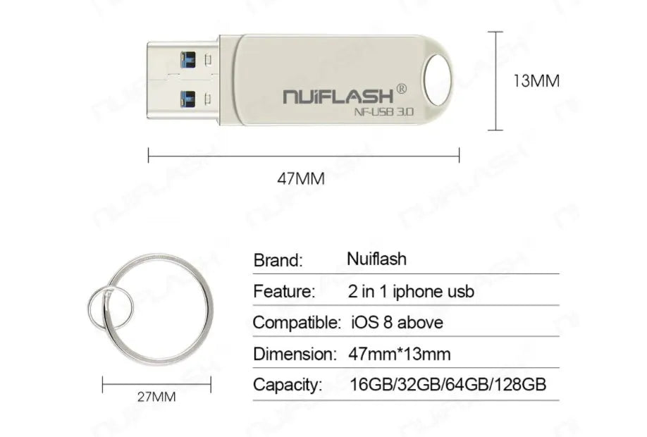 Silver metal 128GB USB flash drive with CLASS10 rating for mobile and computer storage