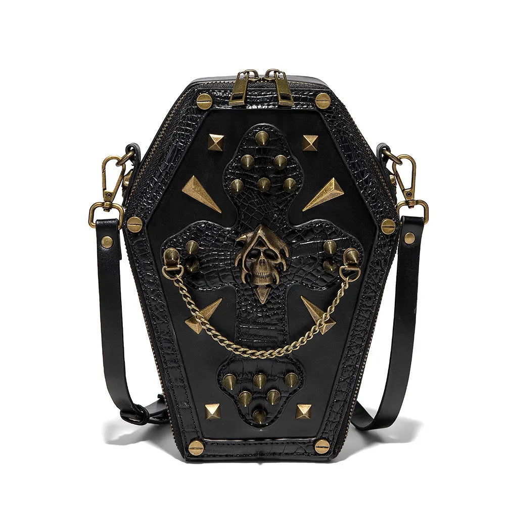 Men's black embossed Halloween messenger bag with a 3D pocket and crossbody strap.