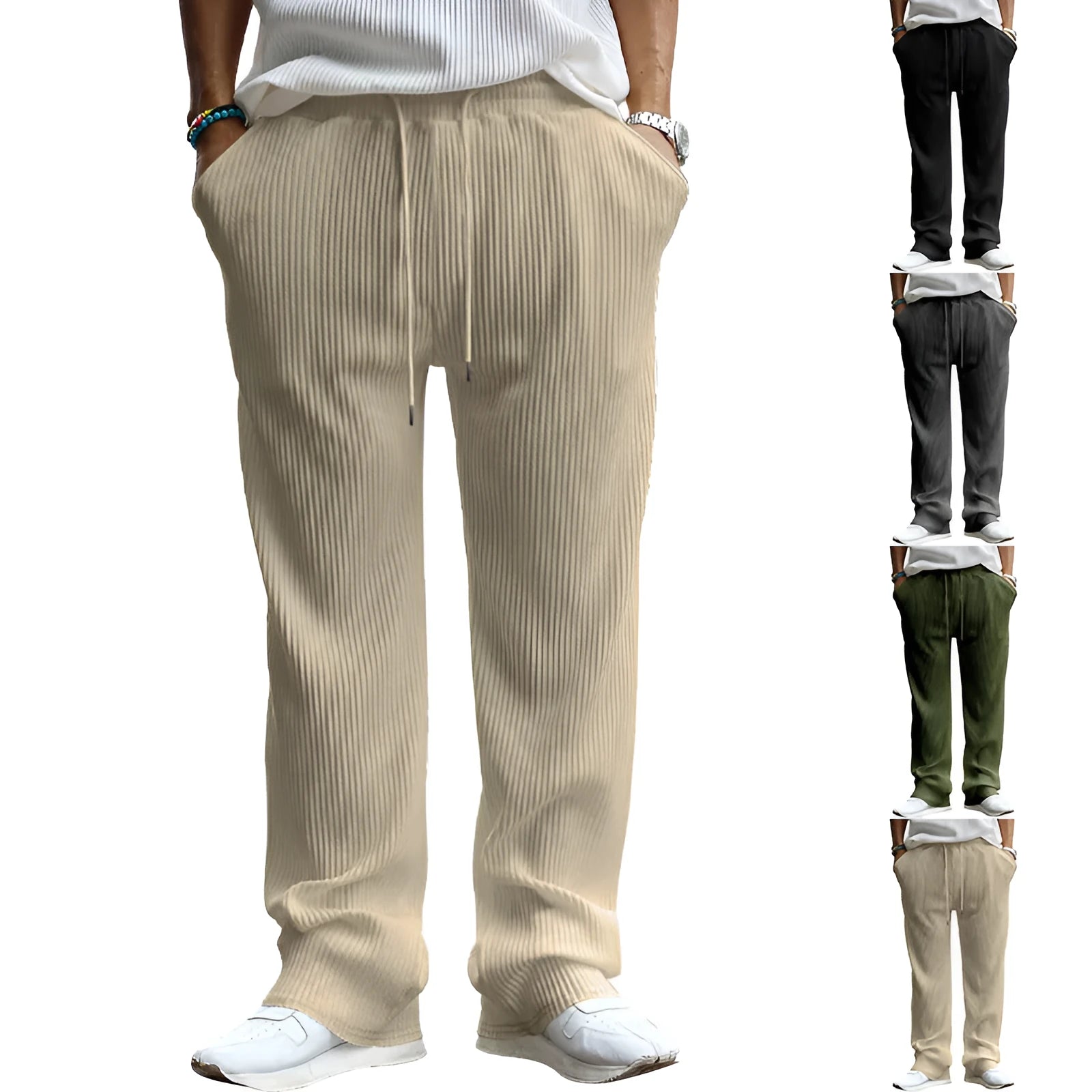 Men's casual loose fit striped straight leg trousers in micro-elastic polyester fabric