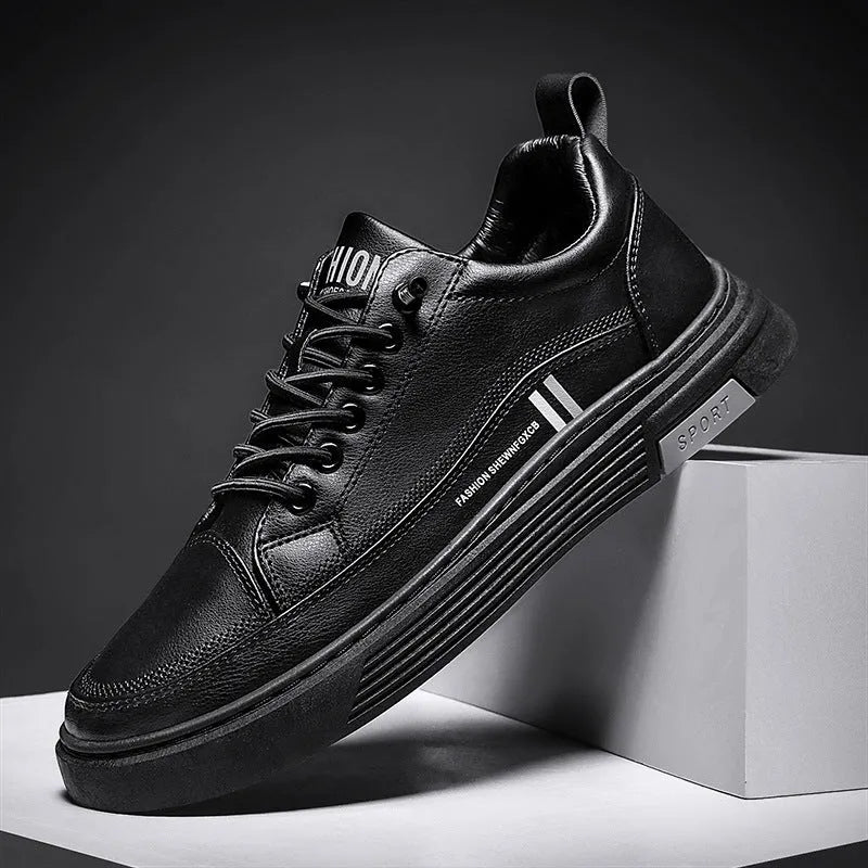 Men's black and white microfiber skateboard shoes with elastic band closure and rubber sole