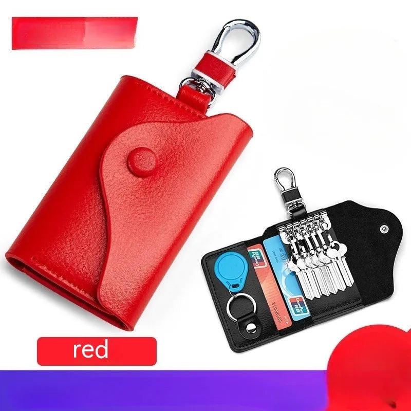 Genuine leather keychain card holder showing square vertical design and internal key organisation