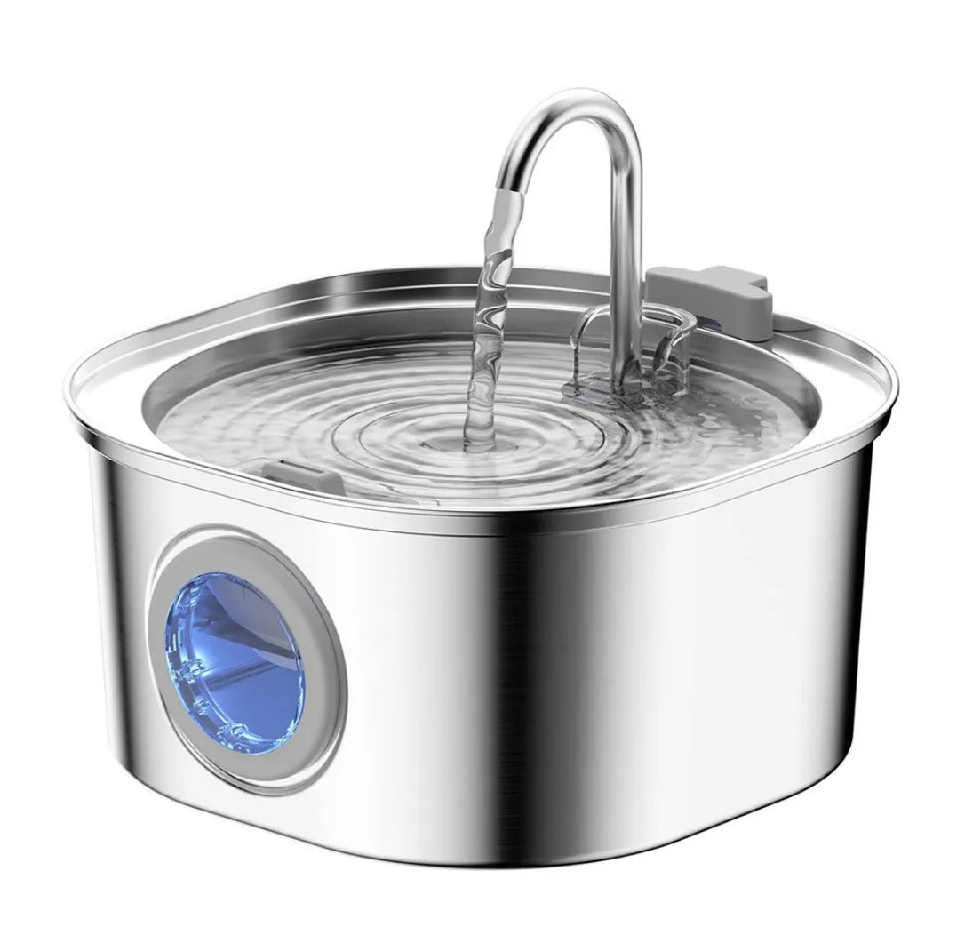 Stainless steel round pet water dispenser with large reservoir and selectable faucet attachment