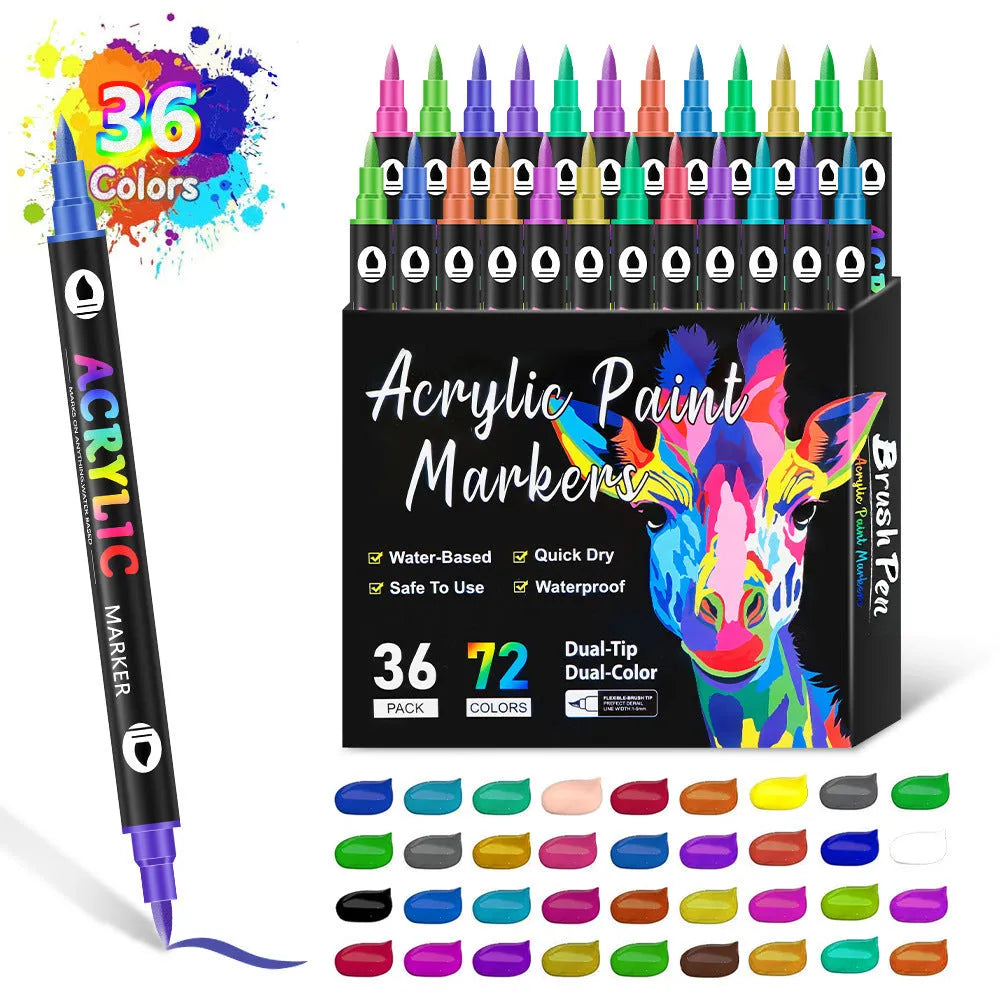 Set of double-headed acrylic marker pens showing two colour tips per pen with washable opaque ink