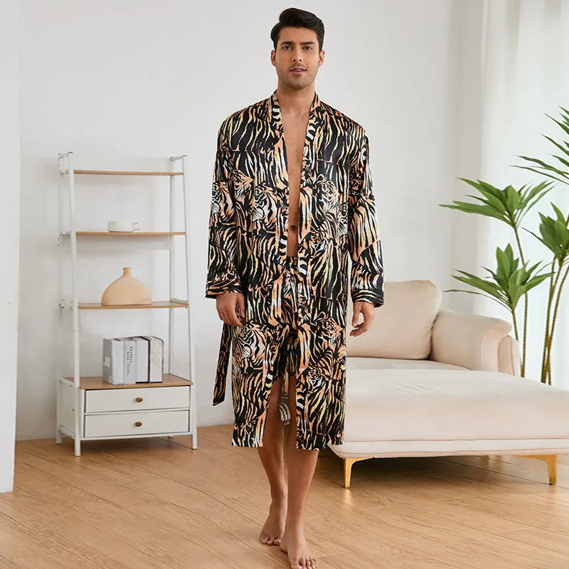 Men's tiger pattern rayon bathrobe set with long sleeve robe and matching shorts