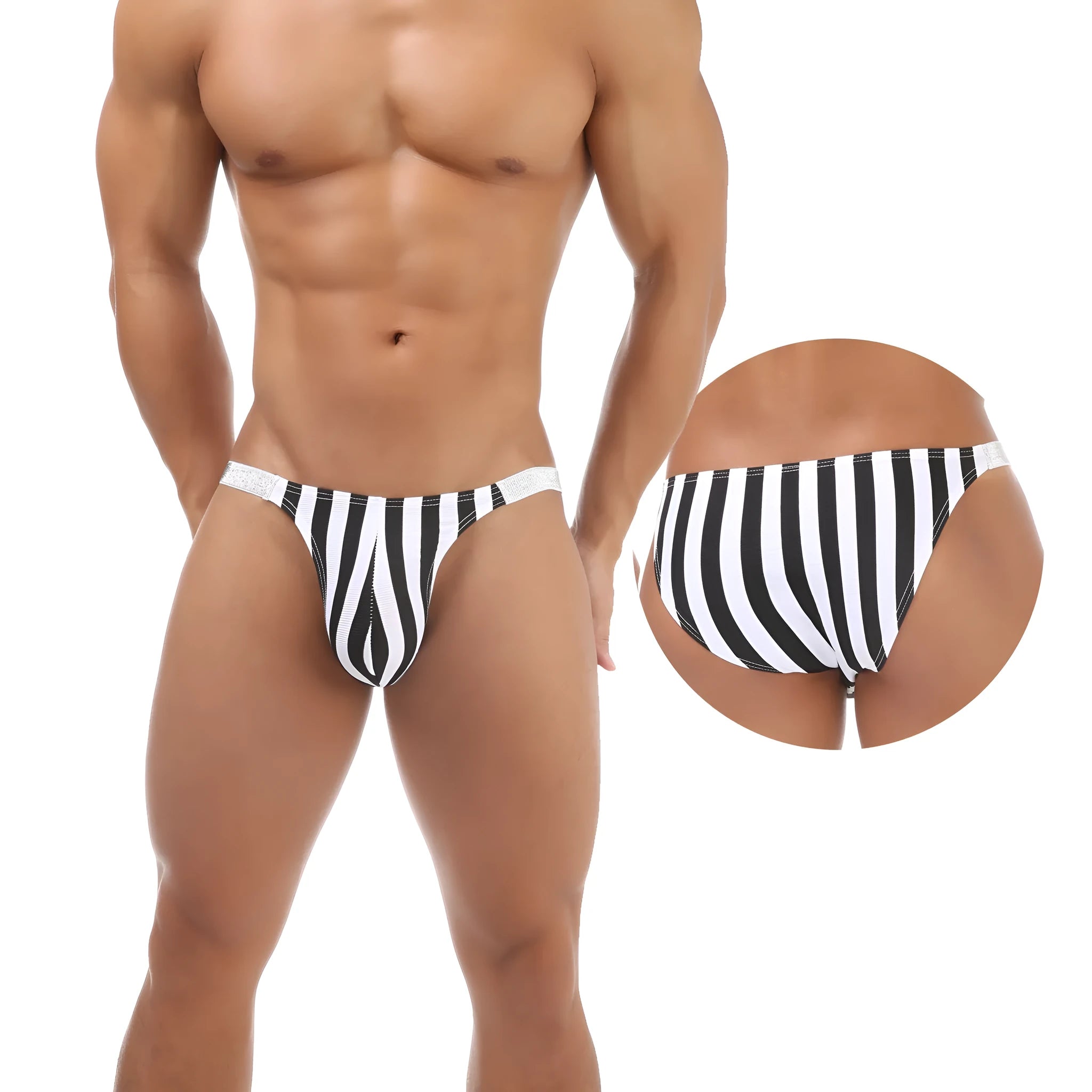 Men's zebra striped briefs with U pouch support in shiny nylon fabric