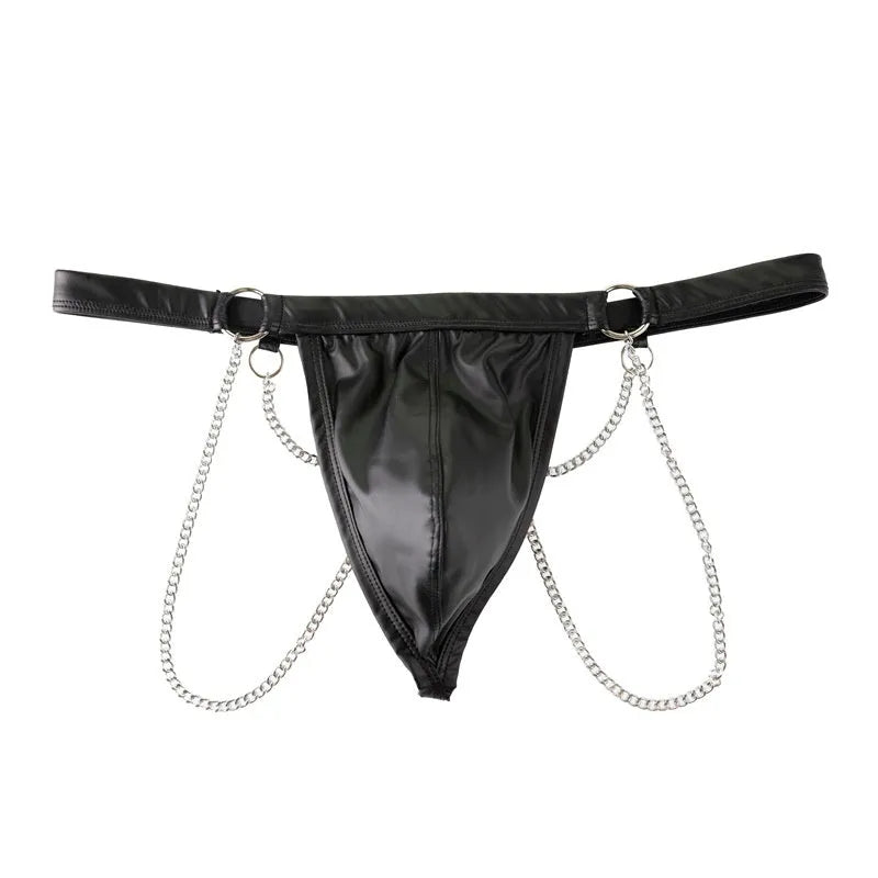 Black men's patent leather-look thong underwear with a metallic chain detail on the front.