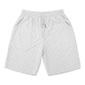 Man's loose-fit checkerboard plaid sports shorts in polyester, shown in multiple colours.