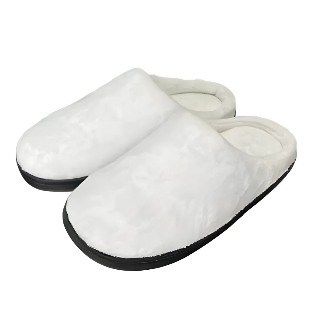 Pattern printed flannel slippers with TPR rubber sole on a white background.