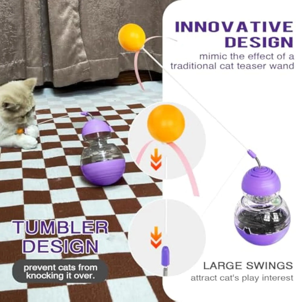 Interactive cat wand toy with food dispenser in yellow colour featuring rugby barbell ball and green tyres design
