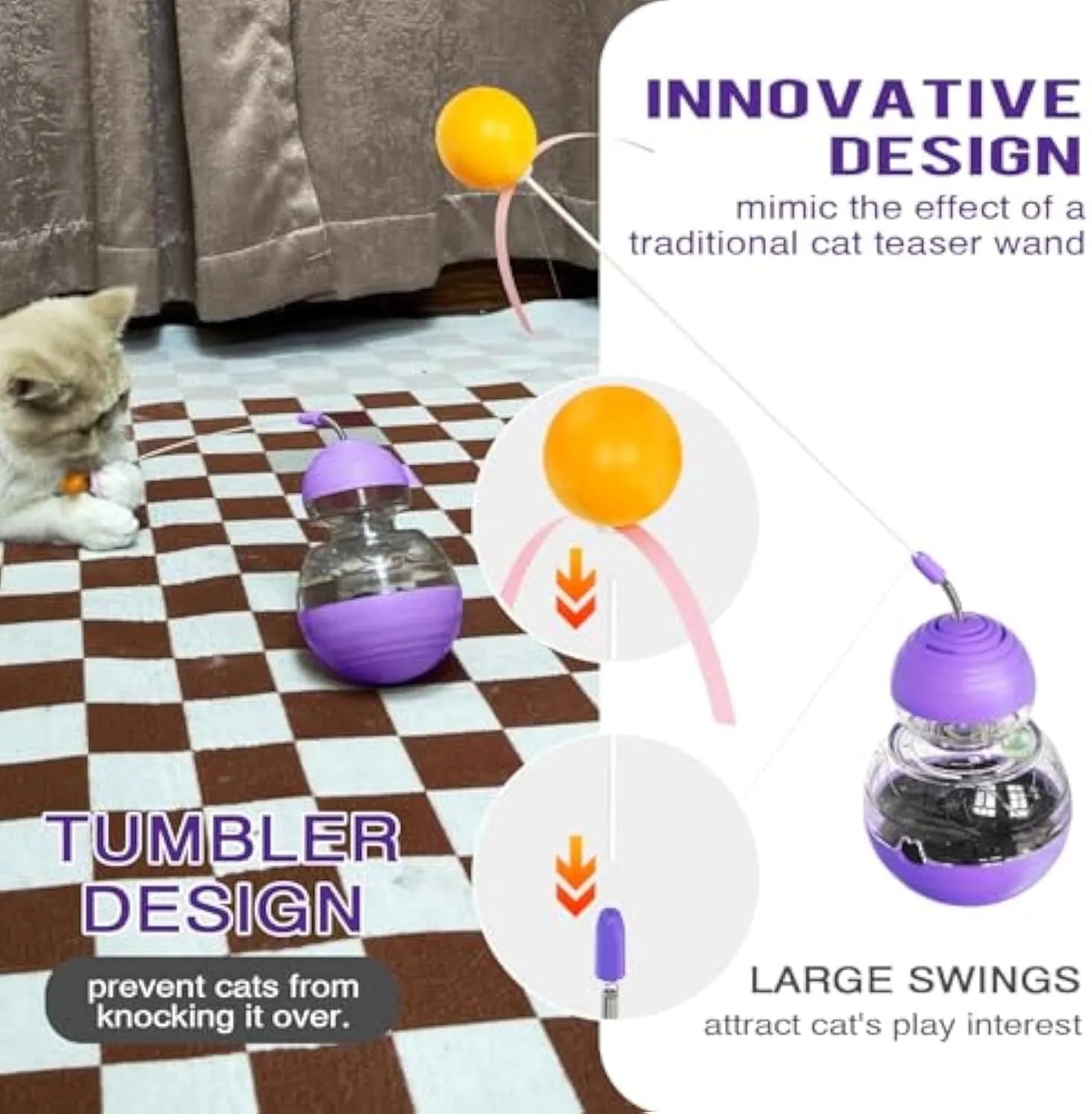 Interactive cat wand toy with food dispenser in yellow colour featuring rugby barbell ball and green tyres design