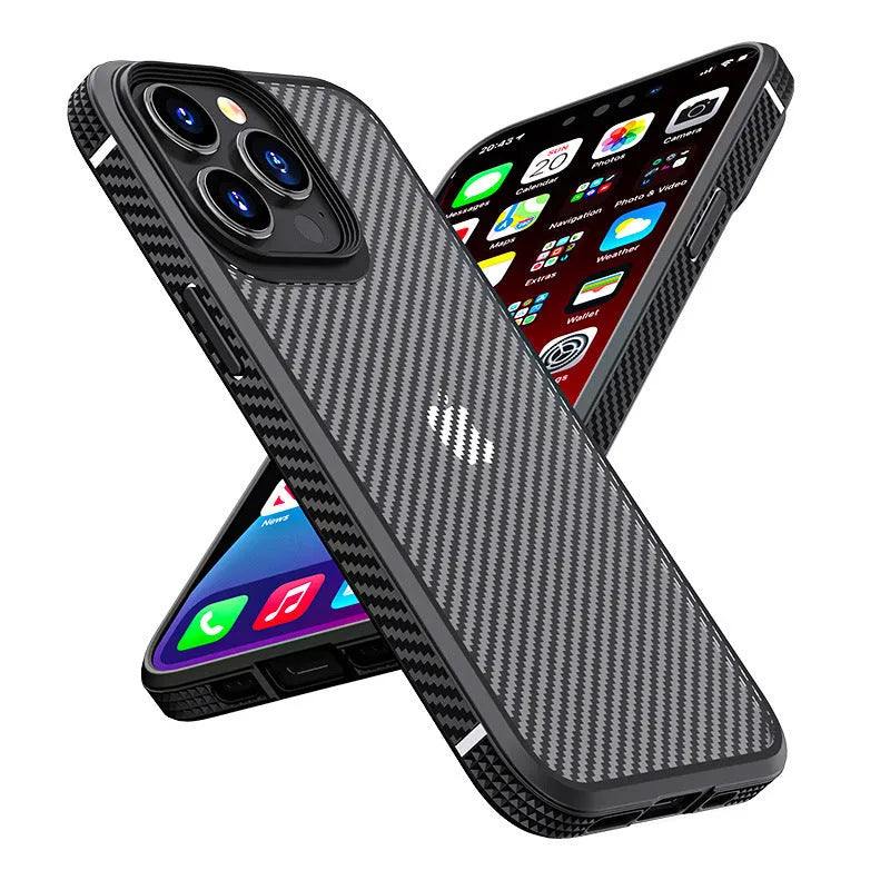 iPhone 13 protective case in black with carbon fibre pattern showing TPU and PC construction