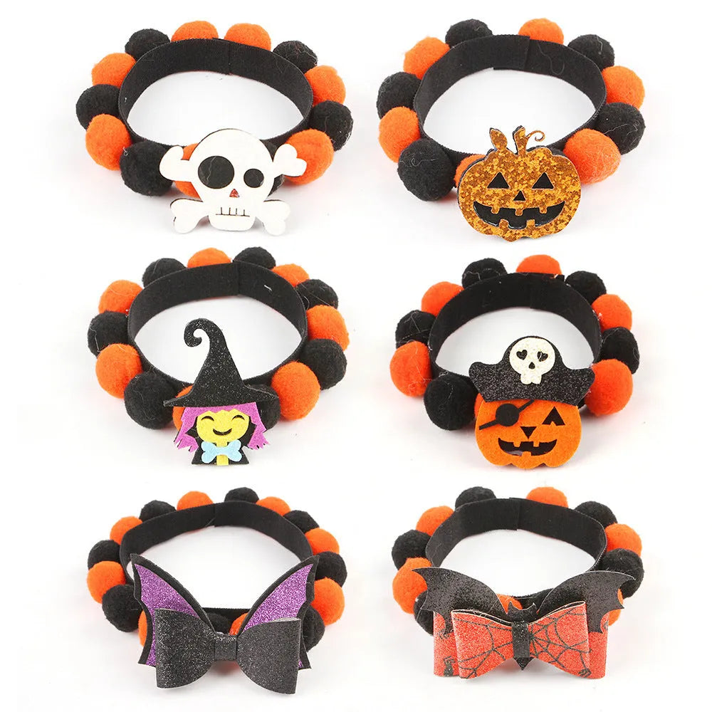 Halloween pet fur ball collar with pumpkin pirate skull witch decorations in S M L sizes