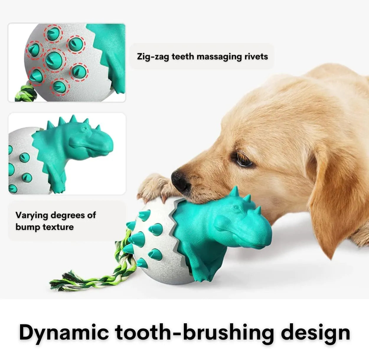 Blue dinosaur-shaped dog chew toy with textured rubber body and green nylon rope tails.