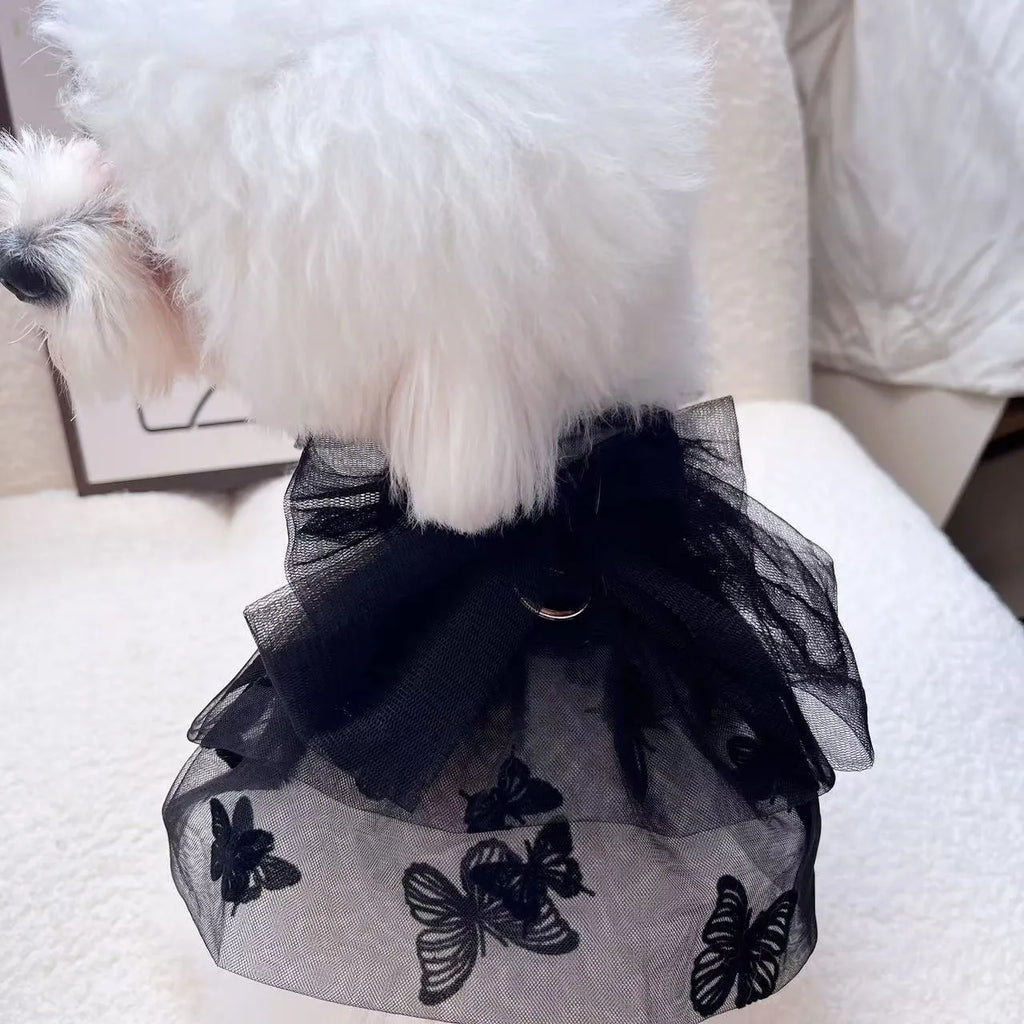 Black gauze princess tulle skirt for a small dog or cat on a mannequin.