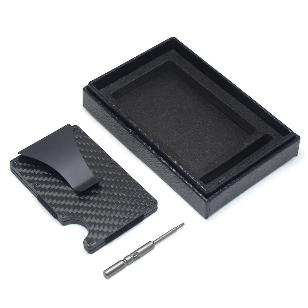 Geometric carbon fibre and aluminium card wallet in a choice of colours, showing 8mm thickness.