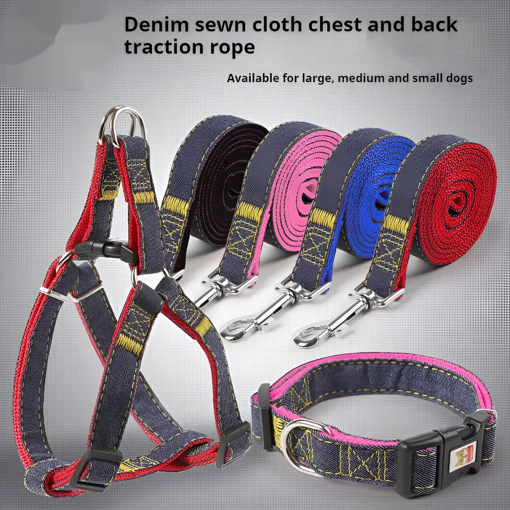 Pipitao denim dog leash with chest and back traction set, available in multiple colours and widths for dog walking