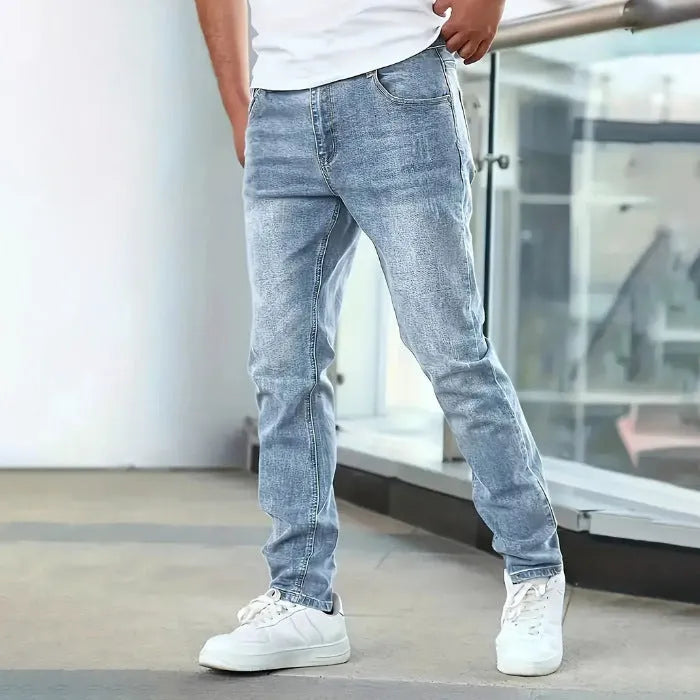 Men's straight leg stretch jeans in black, dark blue and grey solid colours with skinny fit