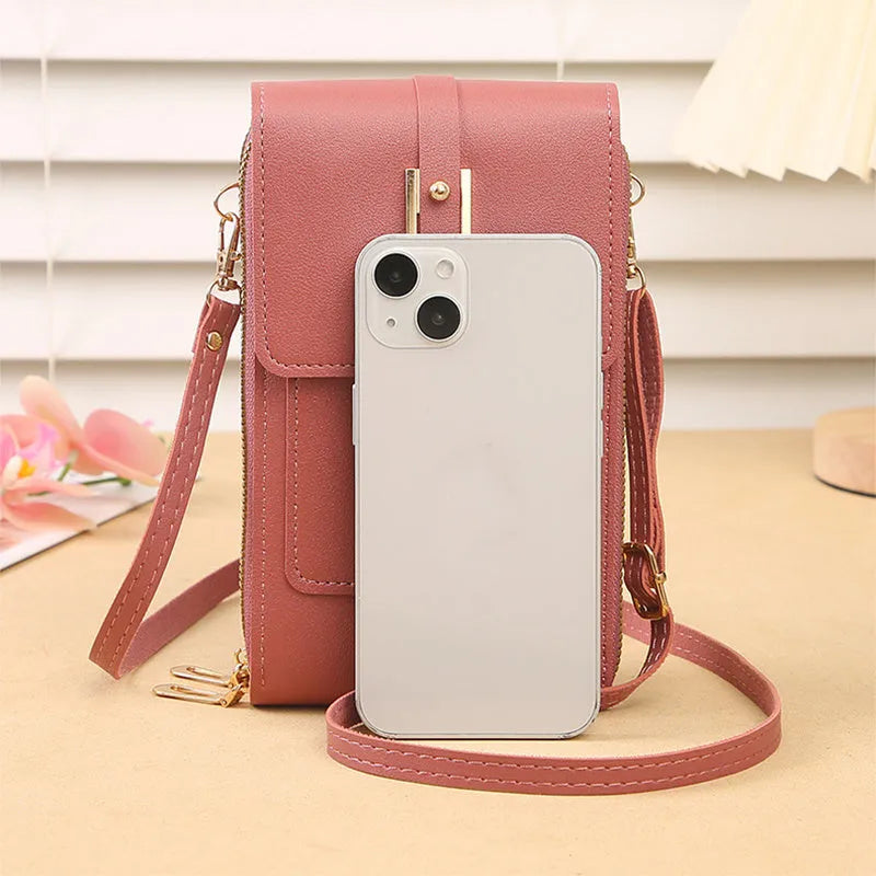 Women's transparent crossbody shoulder bag in PU material with touch screen phone capability, available in multiple colours