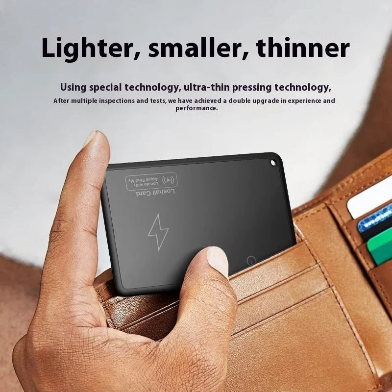 Locator smart wallet anti-loss alarm device in black ABS, 85x54x3.28mm, on a flat surface