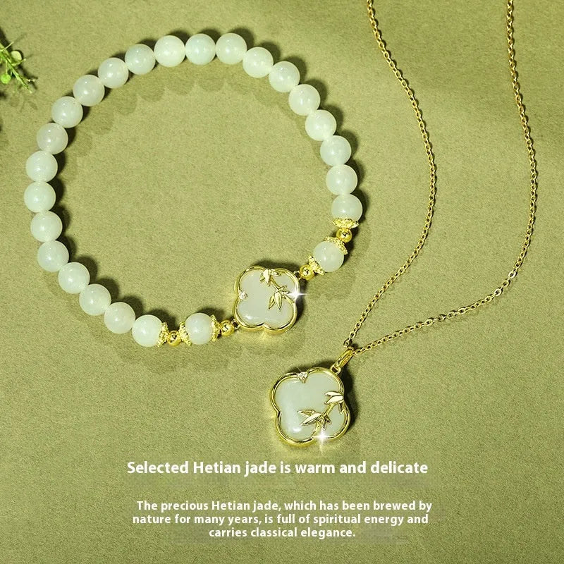 Hetian Jade leaf design bracelet and necklace set in national style.