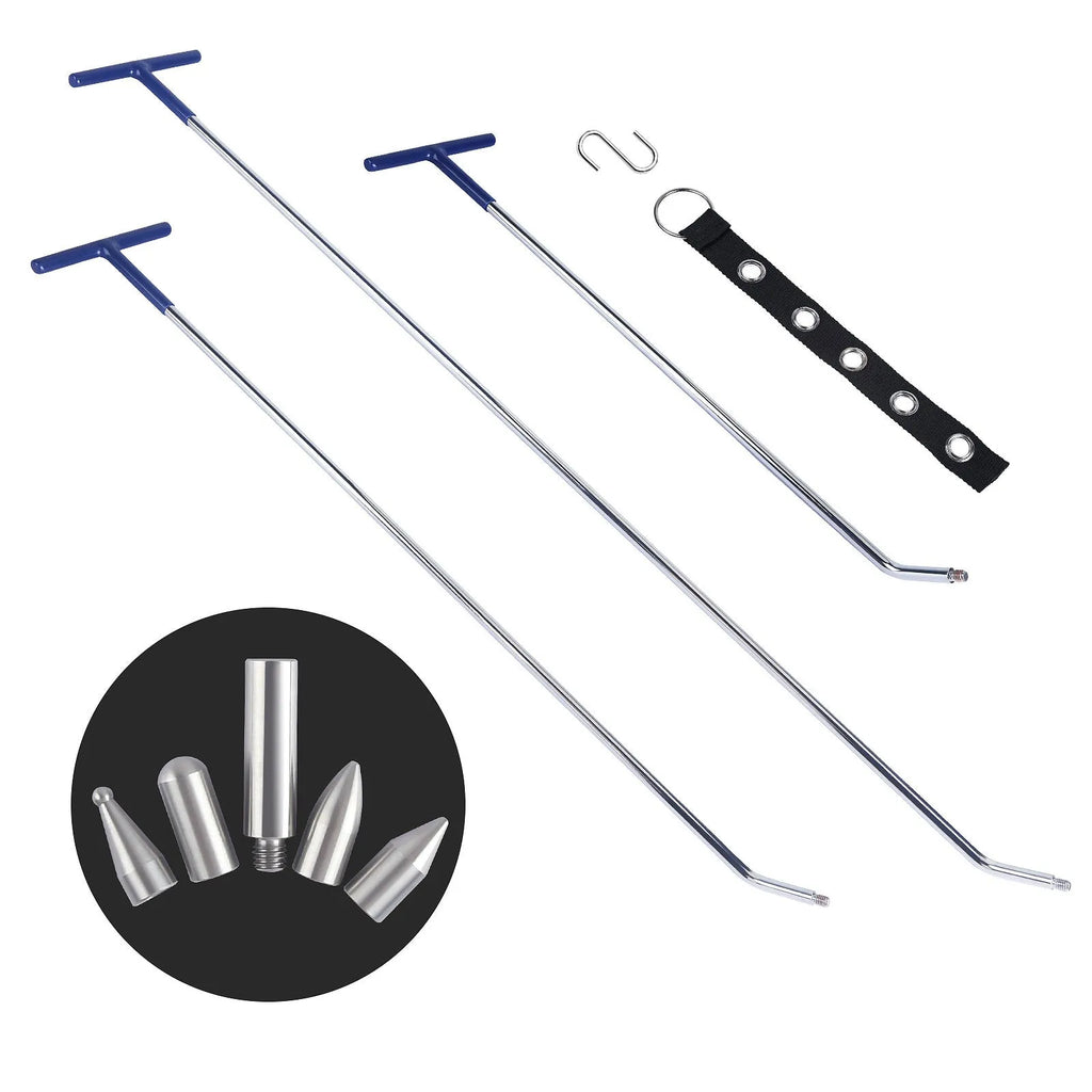 Three-piece alloy steel car dent repair tool set with a hook and crowbar on a workbench.